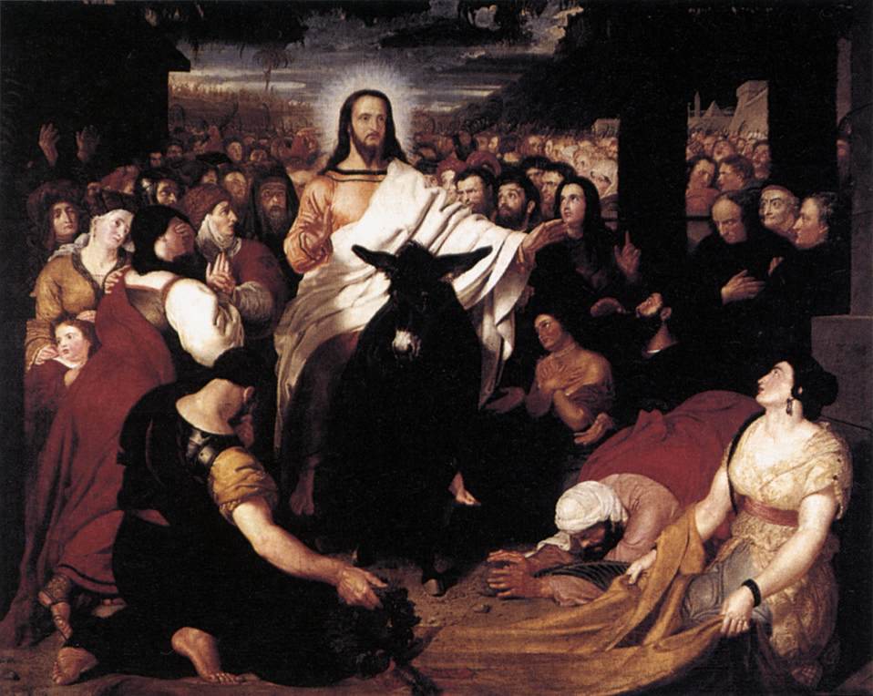 "Intrarea lui Hristos în Ierusalim" (1820) - Benjamin Robert Haydon (1786 - 1846) | "Când s-au apropiat de Ierusalim şi au ajuns la Betfaghe, lângă Muntele Măslinilor, Iisus a trimis doi ucenici, zicându-le: Mergeţi în satul care este înaintea voastră şi îndată veţi găsi o măgăriţă legată şi un mânz împreună cu ea; dezlegaţi-i şi aduceţi-i la Mine. (...) Şi ucenicii, ducându-se şi făcând după cum le-a poruncit Iisus, au adus măgăriţa şi mânzul şi au pus peste ei hainele lor, şi El a şezut deasupra. Şi mulţimea cea foarte mare îşi aşternea hainele pe cale, iar alţii tăiau ramuri din copaci şi le presărau pe cale. Iar mulţimile care mergeau înaintea Lui şi care veneau după El strigau, zicând: Osana Fiului lui David! Binecuvântat este Cel ce vine întru numele Domnului! Osana întru cei de sus!" (Matei 21:1-11)