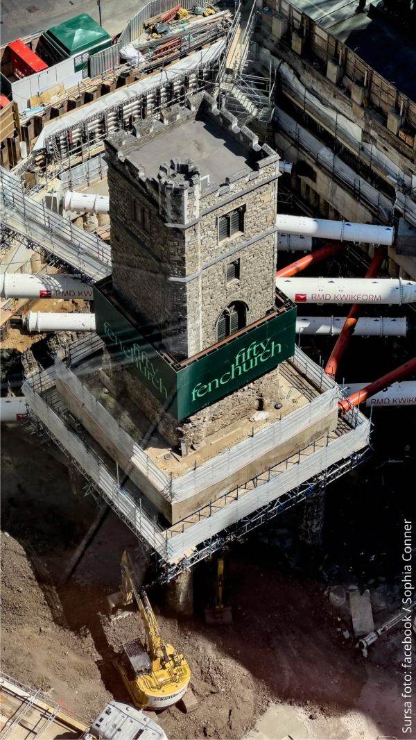 Operaţiune inginerească spectaculoasă: turla unei biserici vechi de 700 de ani, suspendată la peste 13 metri în aer