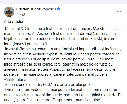 Infamia lui Cristian Tudor Popescu, la moartea lui Alexandru Arșinel